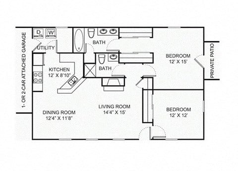 Floor plan for 2 beds, 2 baths, 1450 sqft